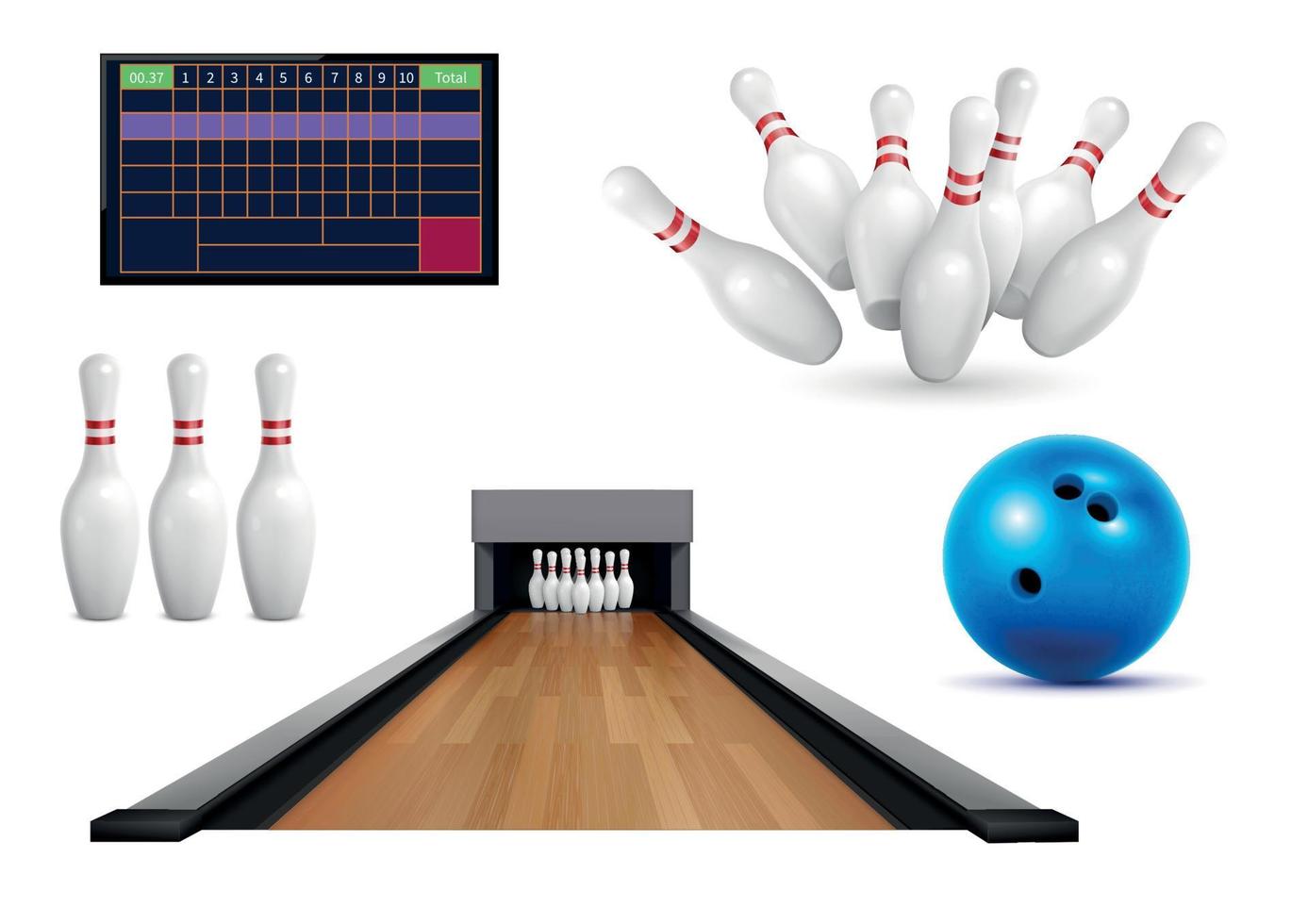 icone realistiche del gioco di bowling vettore
