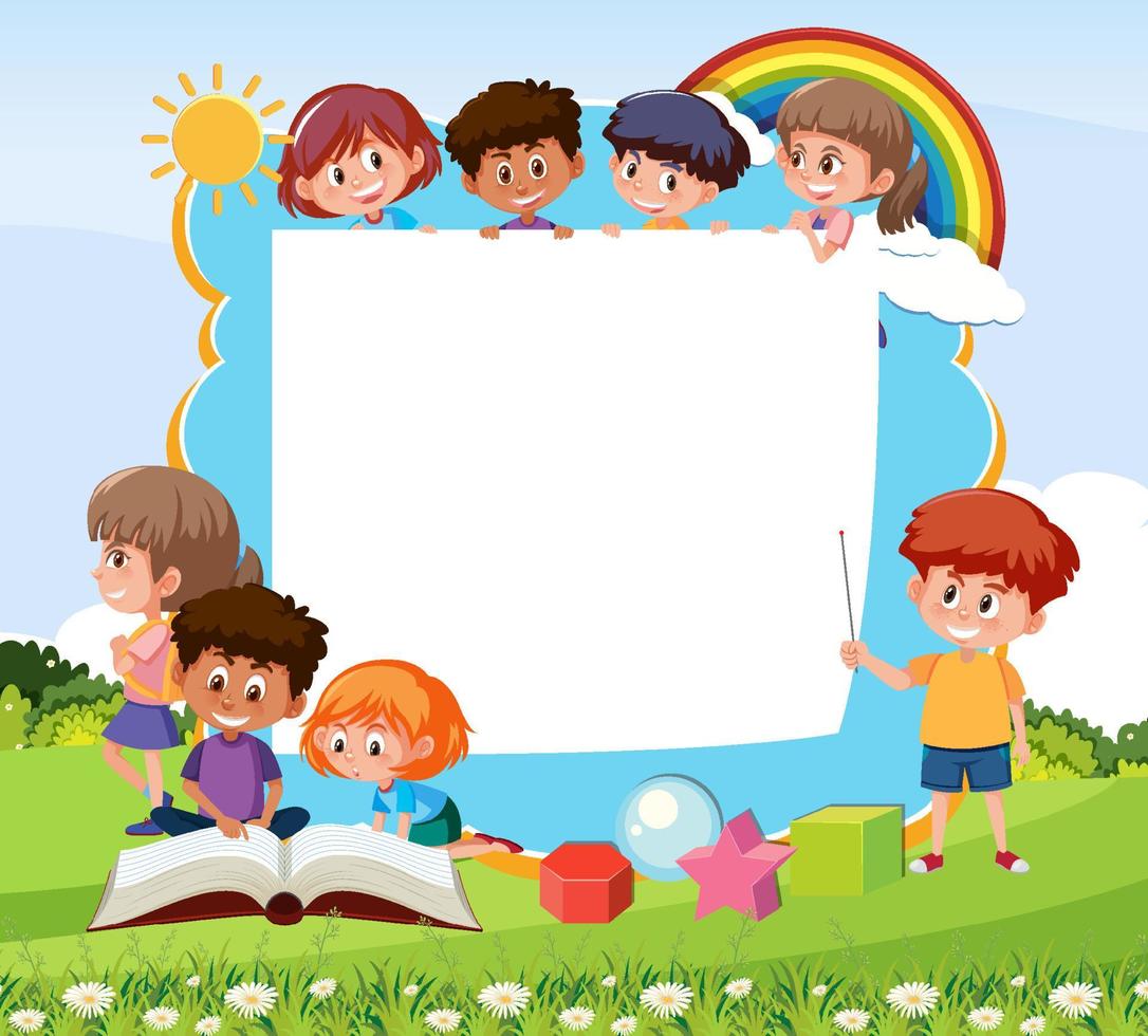 tavola vuota con molti bambini personaggio dei cartoni animati sullo sfondo del parco naturale vettore