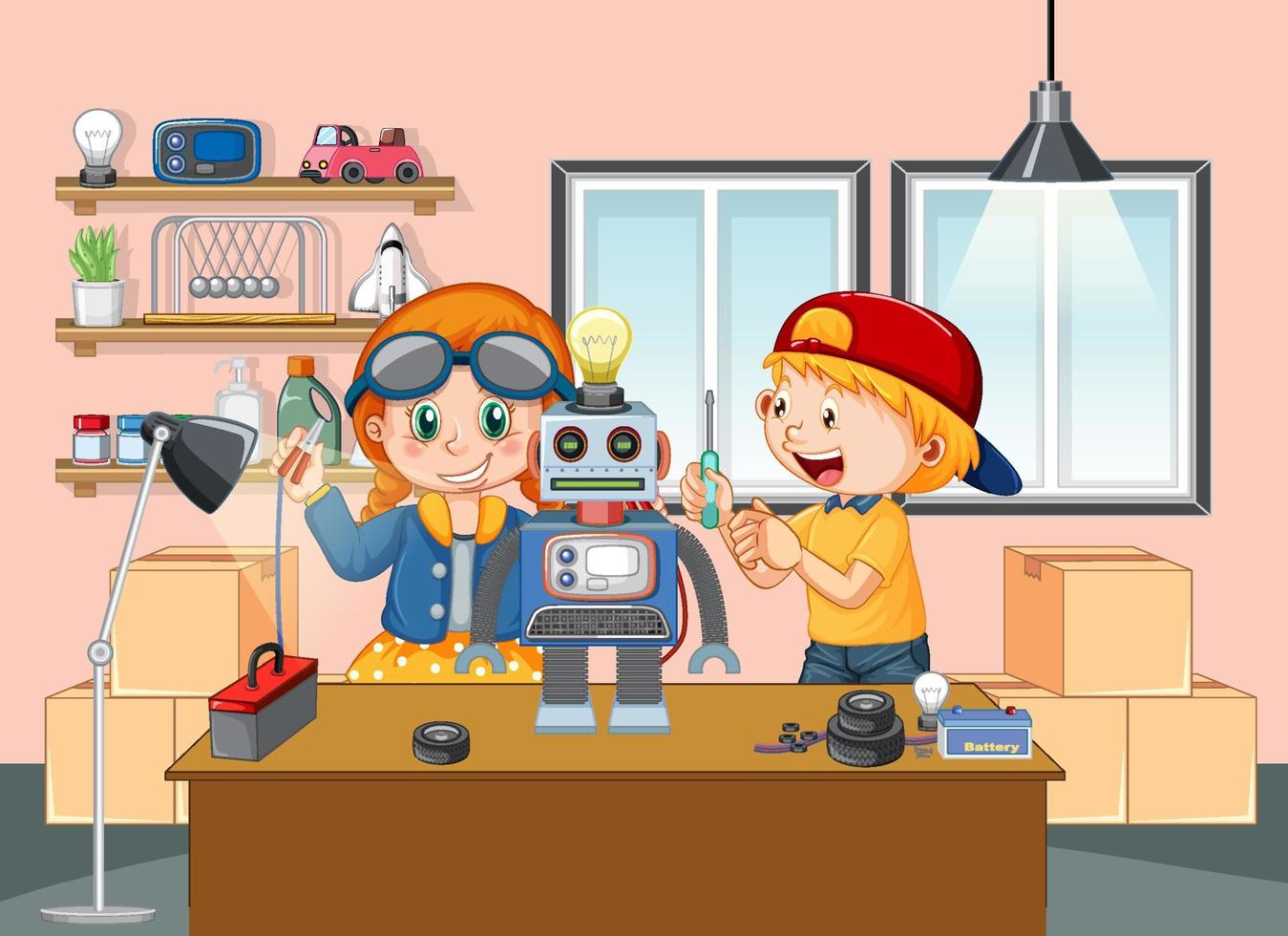 bambini che costruiscono robot insieme nella scena della stanza vettore