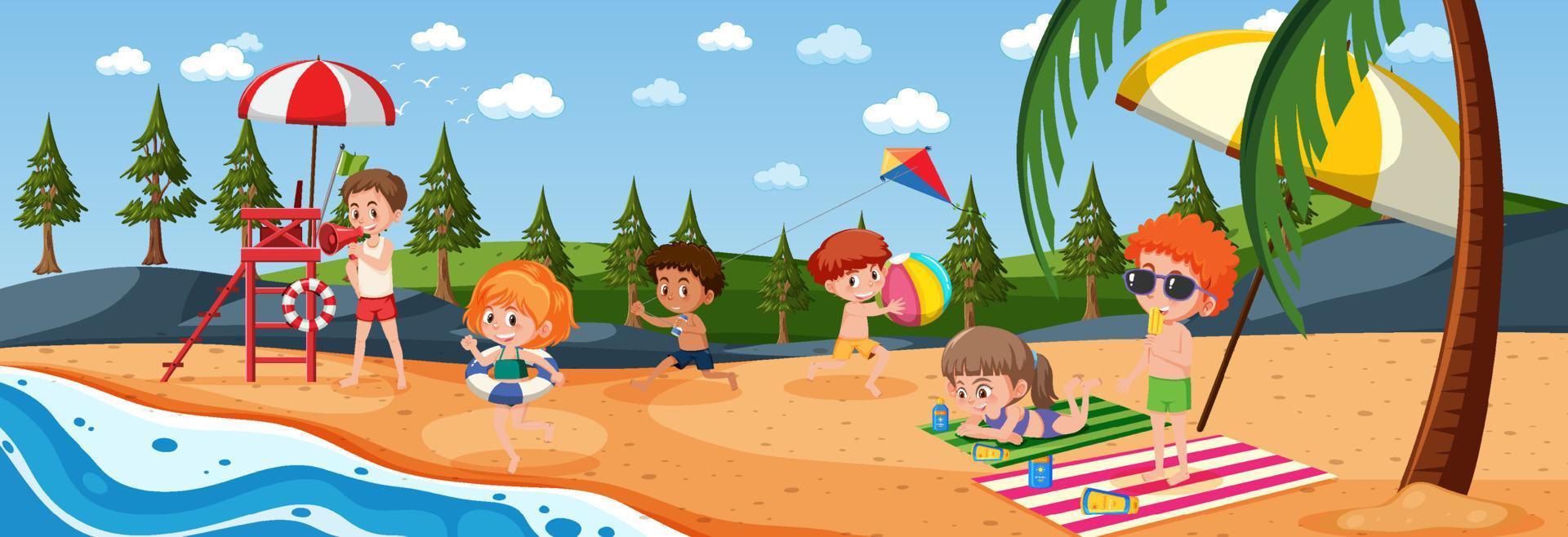 scena orizzontale all'aperto con molti bambini che giocano in spiaggia vettore