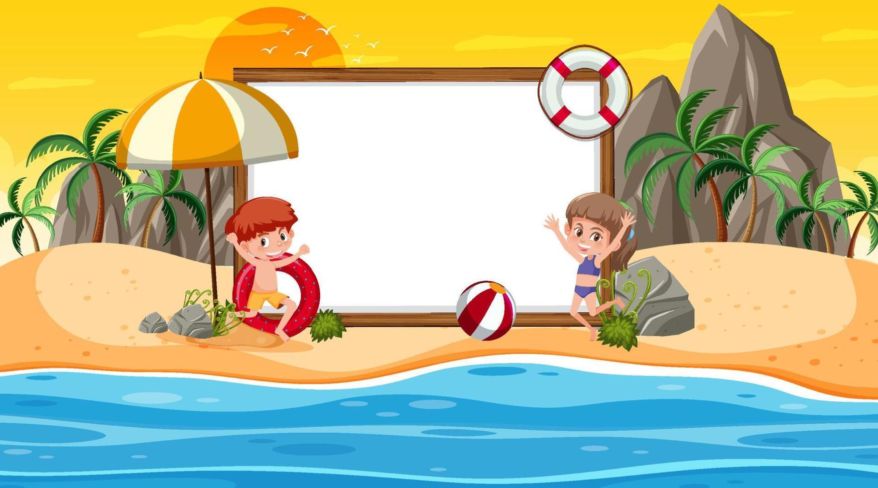 modello di banner vuoto con i bambini in vacanza sulla scena del tramonto sulla spiaggia vettore