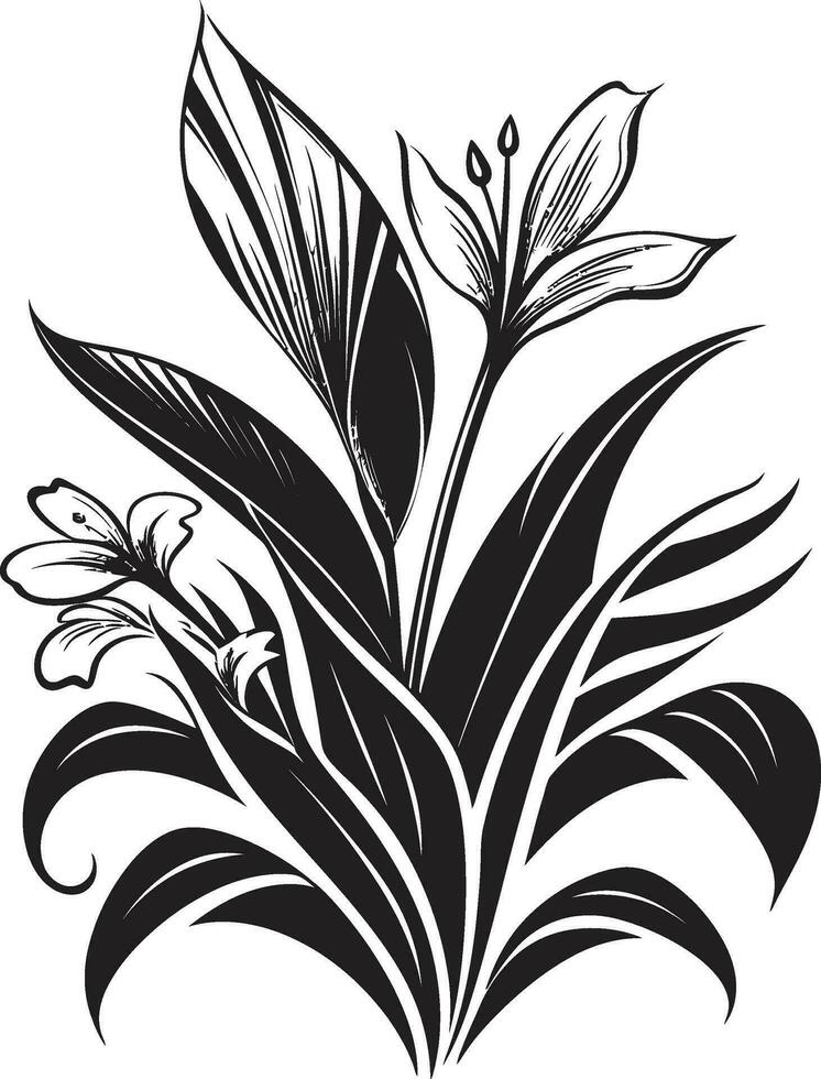 isola flora fascino nero icona tropicale maestà fioritura vettore nero design