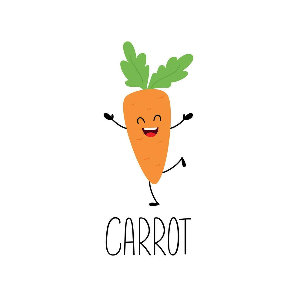 carota personaggio con braccia e gambe e mano scritto nome di verdura. vettore cartone animato illustrazione per bambini