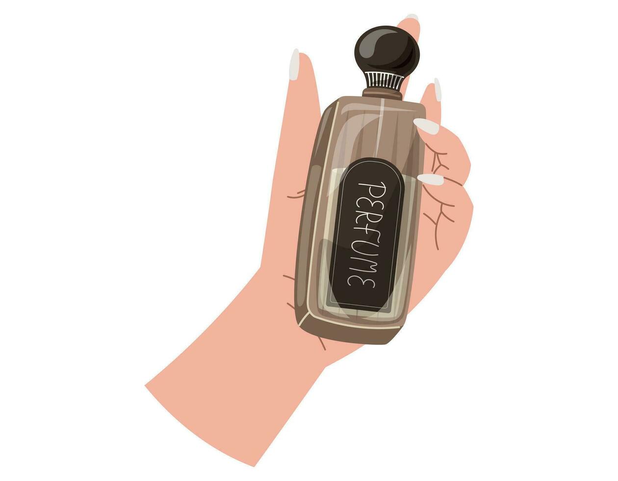 elegante femmina mani con manicure Tenere un' giallo bottiglia di profumo. vettore isolato moda illustrazione, fragrante eau de profumo.
