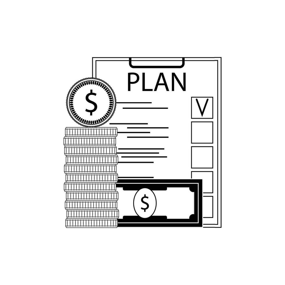 finanza Piano concetto linea stile. lista di controllo pianificazione e i soldi monete banconota. vettore illustrazione