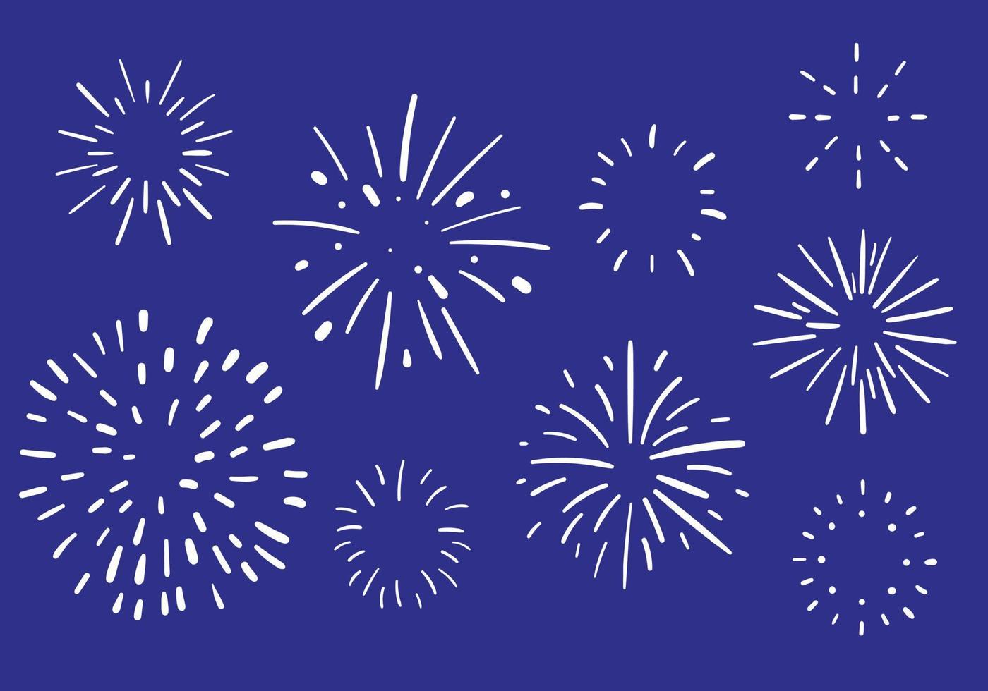 raccolta vettoriale di fuochi d'artificio linea tratto pennello disegnati a mano su sfondo blu-viola