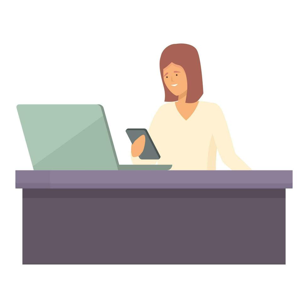 studio persona digitale signora scrivania icona cartone animato vettore. interno sedia vettore