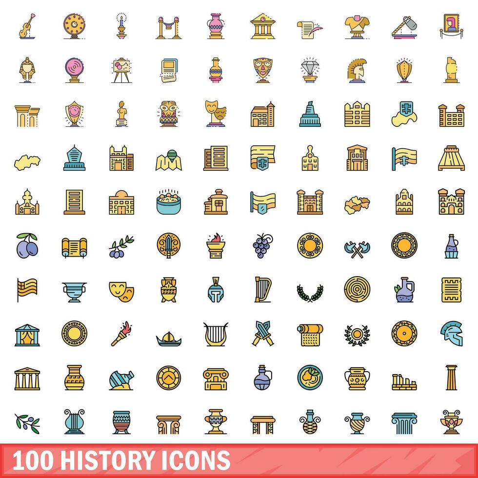 100 storia icone impostare, colore linea stile vettore
