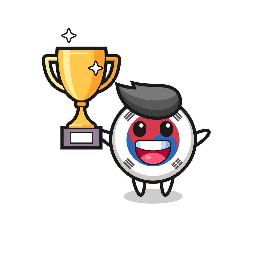 il cartone animato della bandiera della corea del sud è felice con in mano il trofeo d'oro vettore