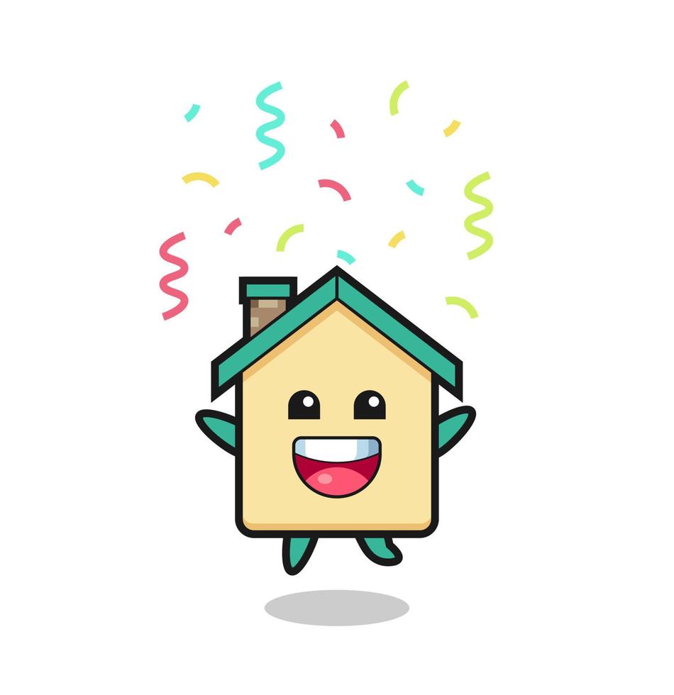 mascotte della casa felice che salta per congratulazioni con coriandoli colorati vettore