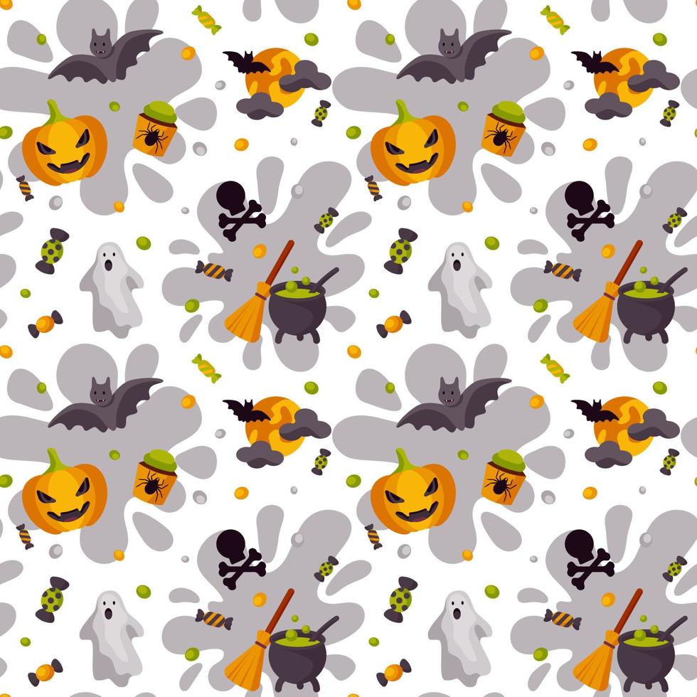 halloween carino modello senza cuciture con zucca, scopa, fantasma, luna, pipistrello, vaso con pozione e ragno. design per bambini per vestiti, carta da imballaggio, tessuto, tessuto, carta da parati. illustrazione vettoriale