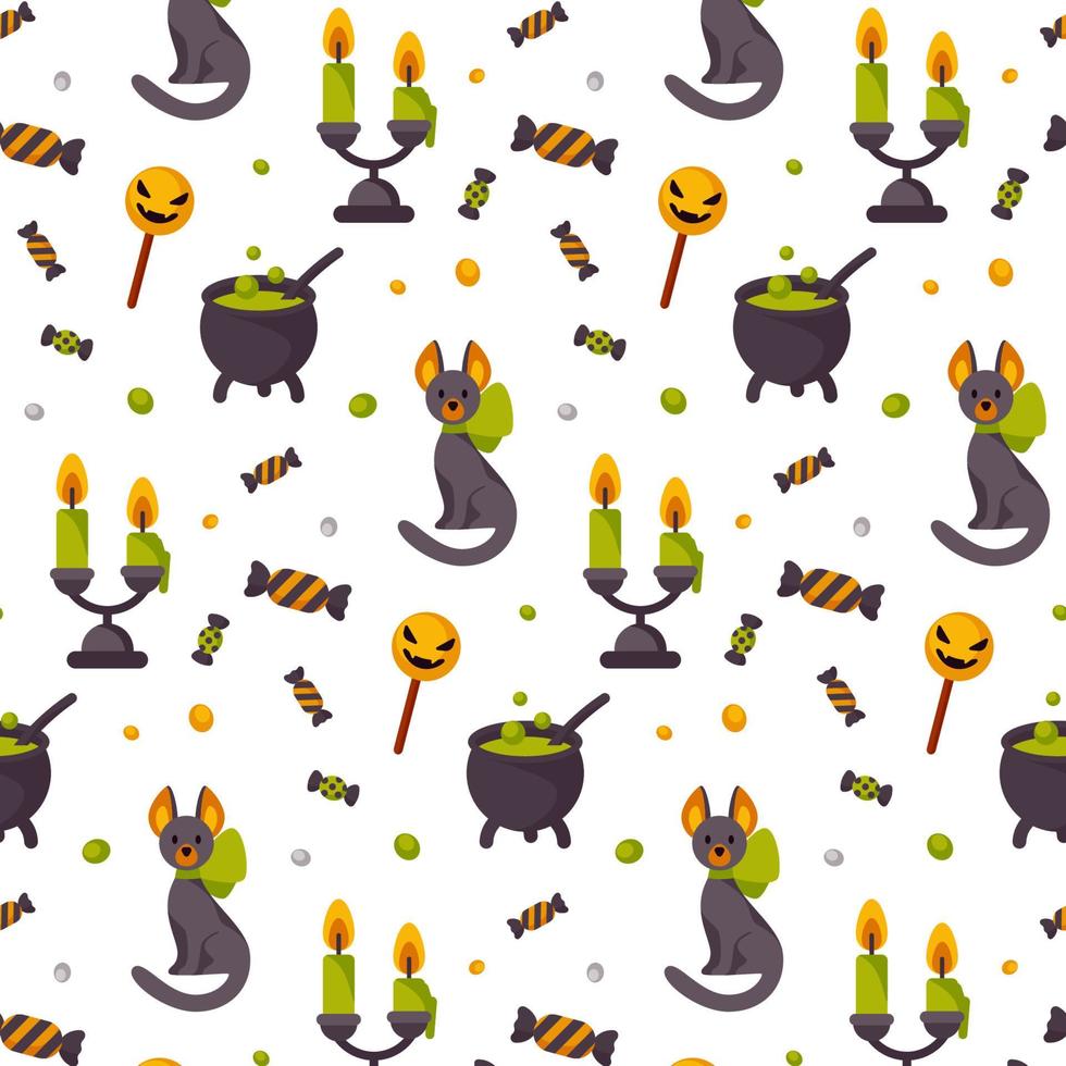 halloween carino modello senza cuciture con un gatto, vaso con veleno e lampadario. design per bambini per vestiti, carta da imballaggio, tessuto, tessuto, carta da parati. illustrazione vettoriale