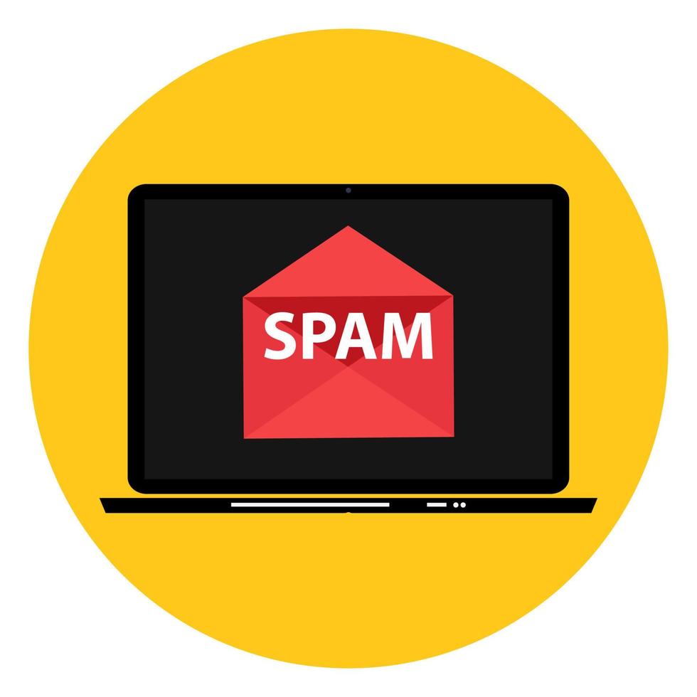 busta con spam. finestra di avviso e-mail di spam sullo schermo del laptop. vettore