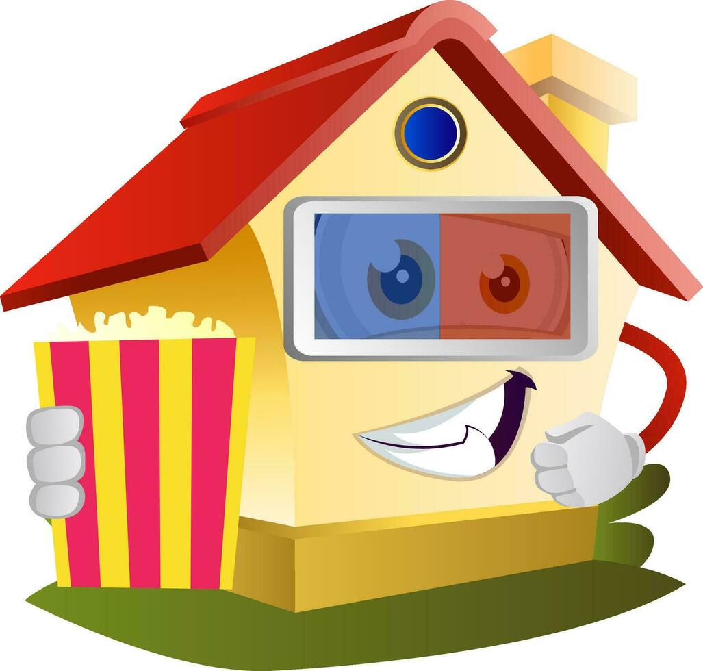 Casa con 3d bicchieri e Popcorn, illustrazione, vettore su bianca sfondo.