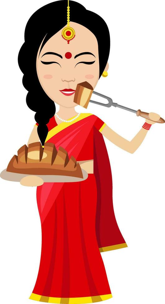 indiano donna con torta , illustrazione, vettore su bianca sfondo.