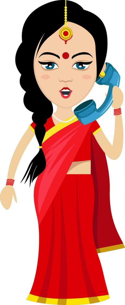 indiano donna con telefono , illustrazione, vettore su bianca sfondo.