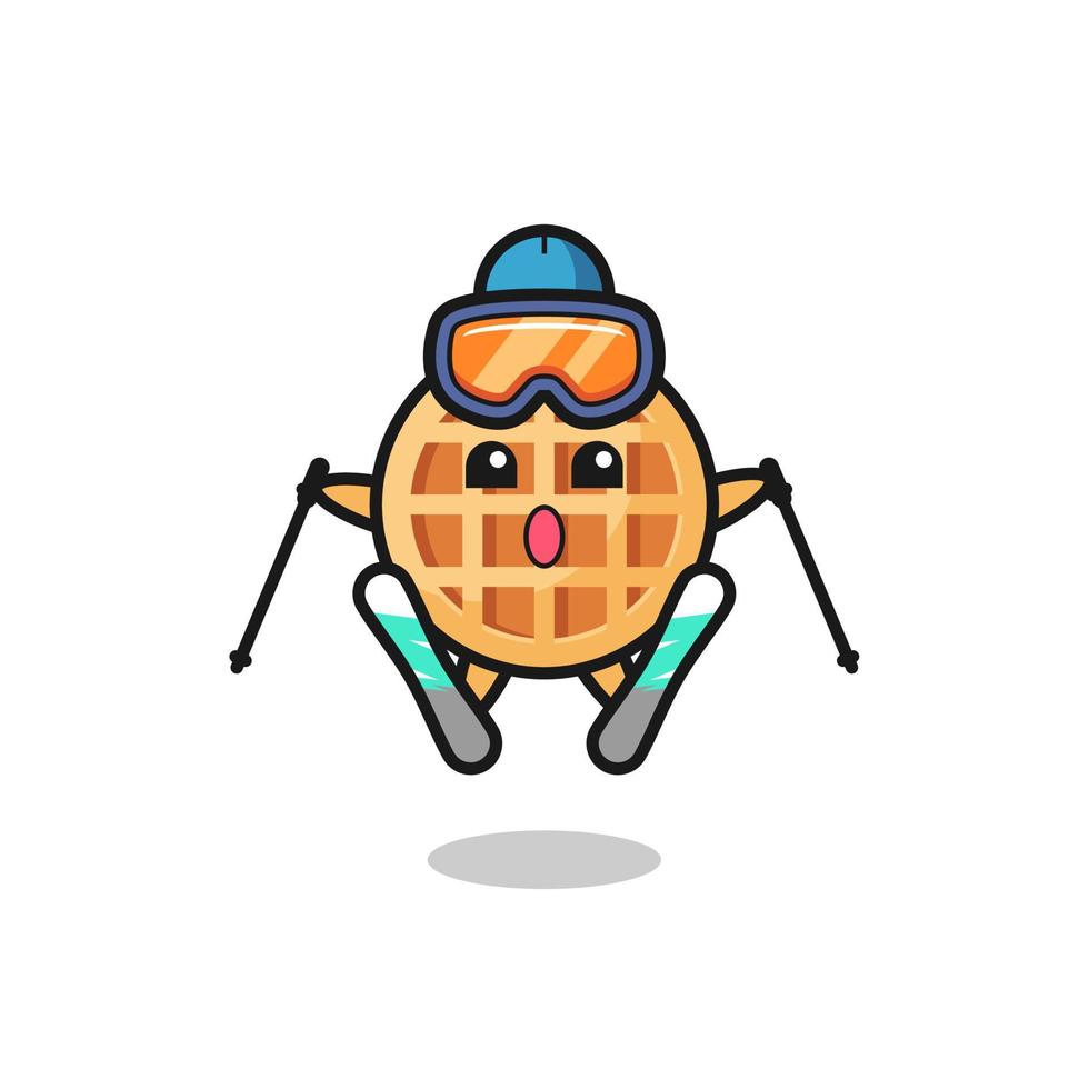 personaggio mascotte cerchio waffle come giocatore di sci vettore