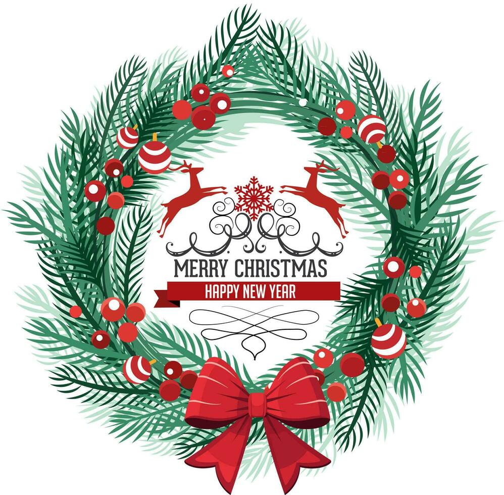 Natale radiale telaio e logo. design ghirlanda elementi con le foglie pino albero e rosso silhourtte renna su cerchio telaio. isolato su bianca sfondo. vettore