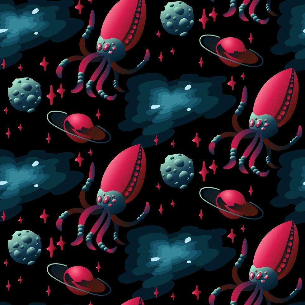 un' modello con spazio insetti nel il modulo di un' calamaro con tentacoli. meccanico animali di blu e rosa colori volare nel spazio tra un asteroide e pianeti su un' nero. vettore pendenza alieno insetto
