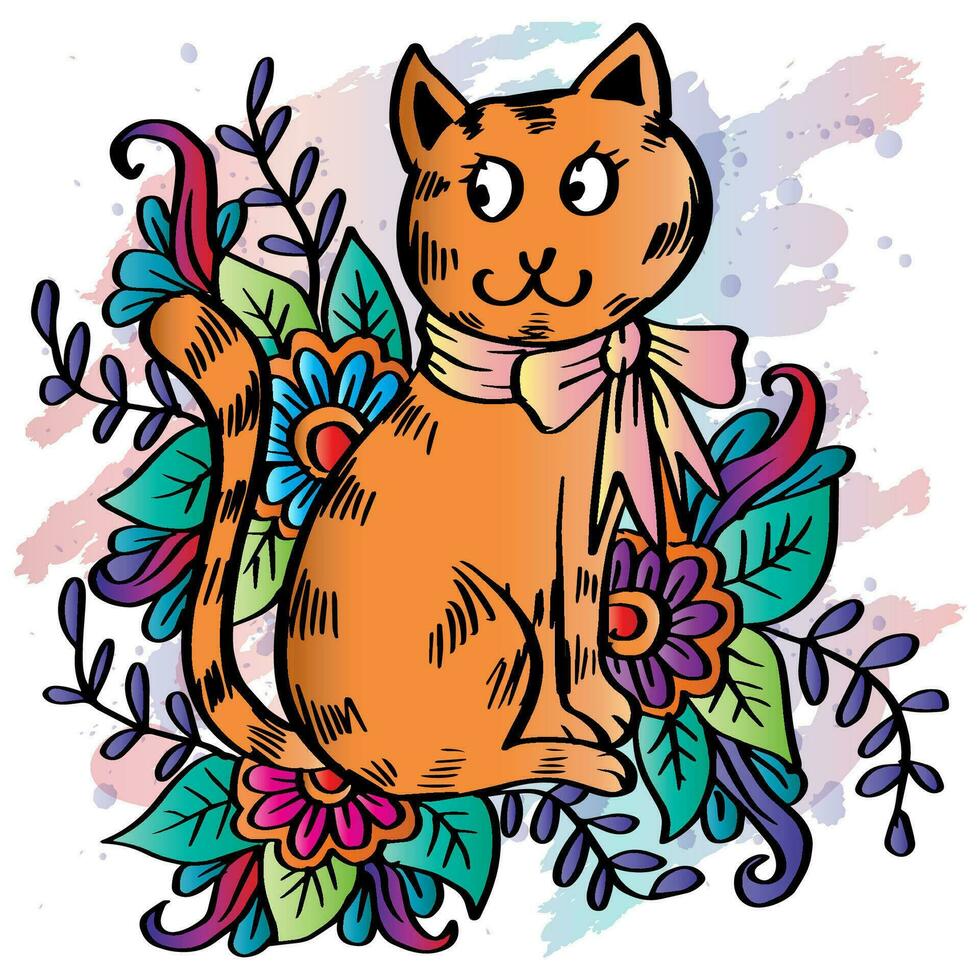 carino gatto cartone animato con floreale elemento. vettore