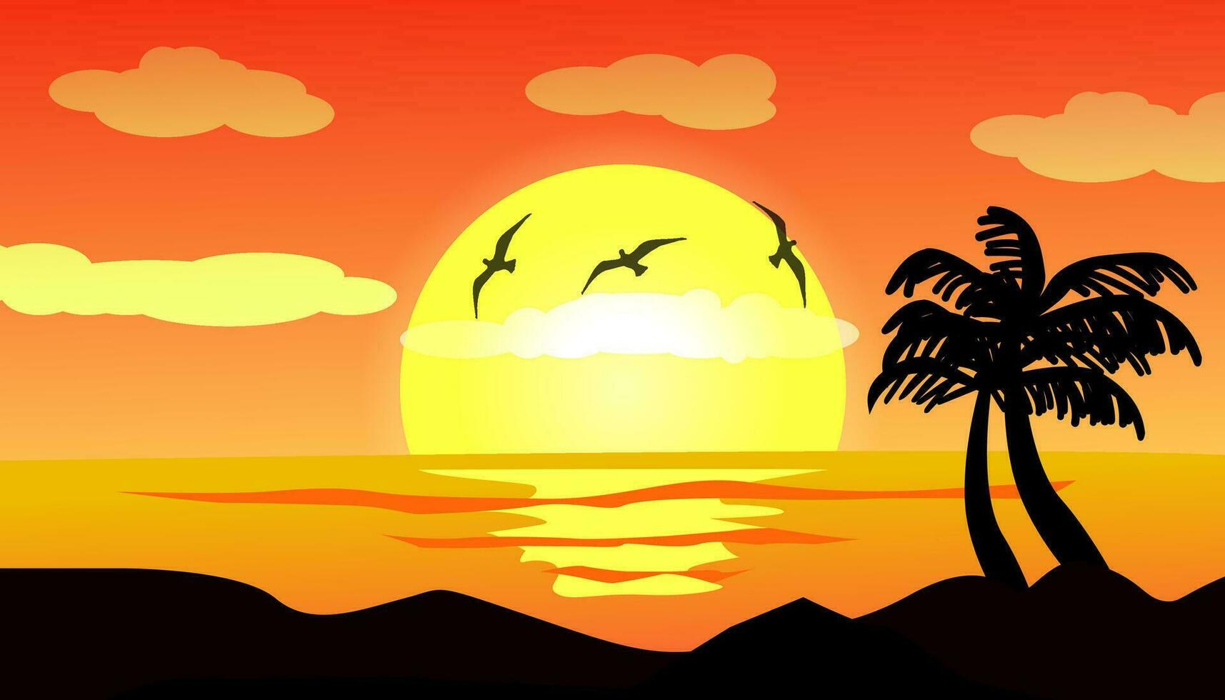 buio palma alberi sagome su colorato tropicale oceano tramonto sfondo. vettore