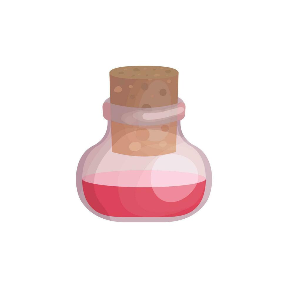 bicchiere bottiglia di rosa essenziale olio con un' di legno sughero o base olio nel cartone animato stile. aromaterapia olio per terme trattamenti, cucinando e profumi. icona per sito web disegno, confezione vettore
