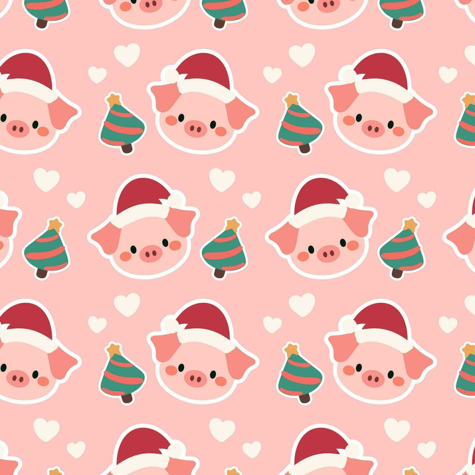 carino Natale modello Caratteristiche giocoso rosa maiali, festivo Natale alberi, e bianca cuore su un' morbido rosa sfondo. vettore