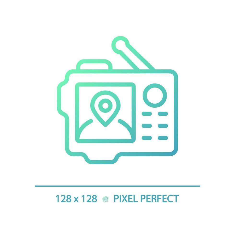 2d pixel Perfetto pendenza GPS icona, isolato vettore, verde escursioni a piedi Ingranaggio magro linea illustrazione. vettore