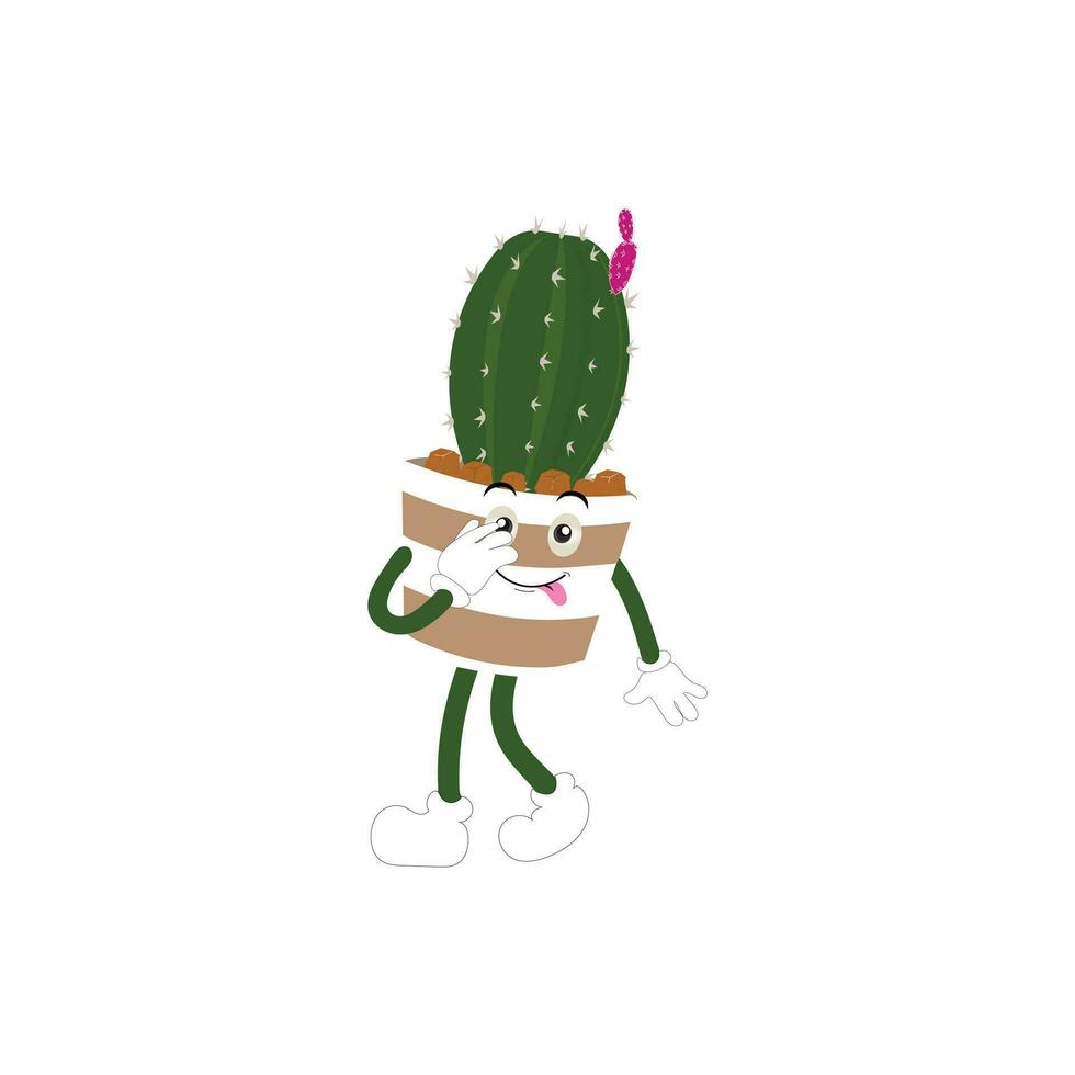 cartone animato cactus pianta nel un' pentola personaggio portafortuna nel nero occhiali da sole, cartone animato personaggi adesivi. spinoso pianta nel diverso pose, Azioni e con viso espressioni vettore