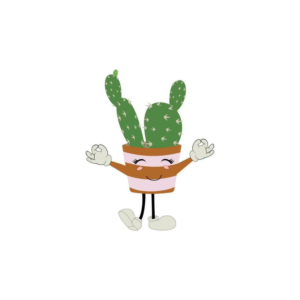 cartone animato cactus pianta nel un' pentola personaggio portafortuna nel nero occhiali da sole, cartone animato personaggi adesivi. spinoso pianta nel diverso pose, Azioni e con viso espressioni vettore