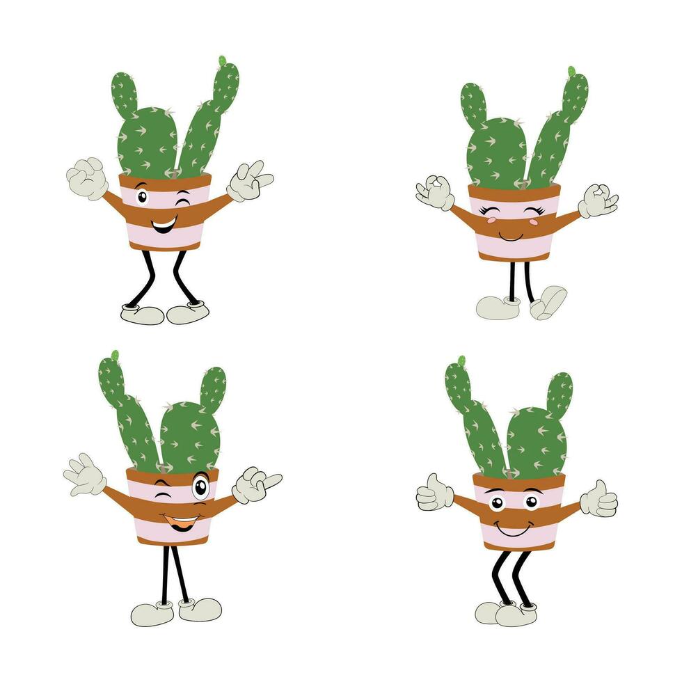 cartone animato cactus pianta nel un' pentola personaggio portafortuna nel nero occhiali da sole, cartone animato personaggi adesivi. spinoso pianta nel diverso pose, Azioni e con viso espressioni vettore