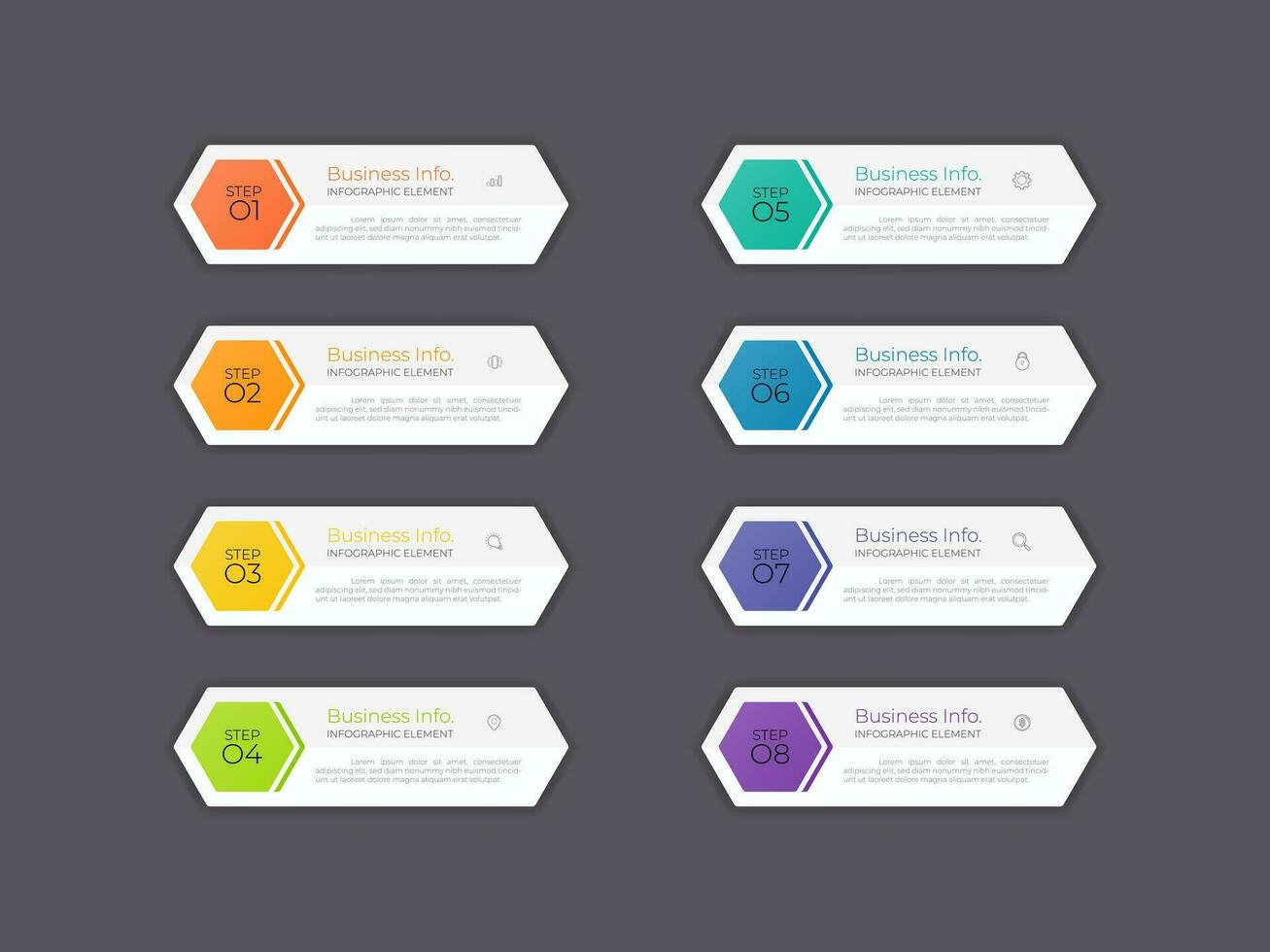 il moderno design aziendale di infografica con 8 concetti di opzioni, parti, passaggi o processi può essere utilizzato per il layout del flusso di lavoro, il diagramma, le opzioni numeriche, il web design. elemento infografico. vettore