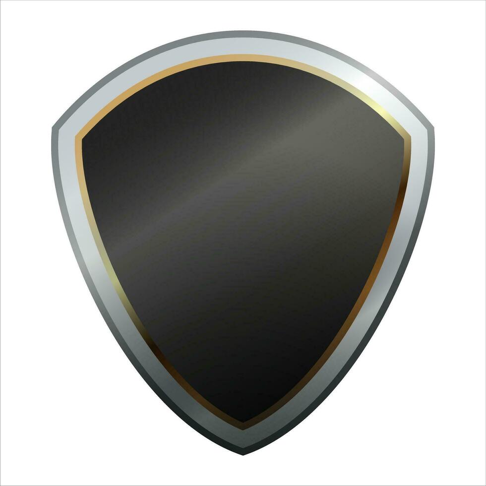 scudo icona con brillante metallo telaio. nero protezione, sicurezza e difesa simbolo. medievale design elemento. vettore scudo icona