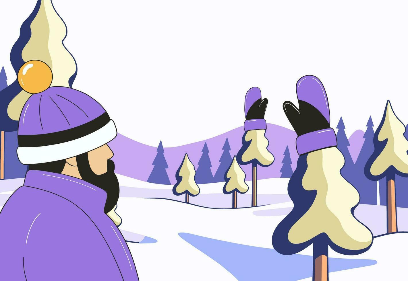 inverno paesaggio, un' uomo nel un' a maglia cappello e giacca, guanti su il cime degli alberi. vettore