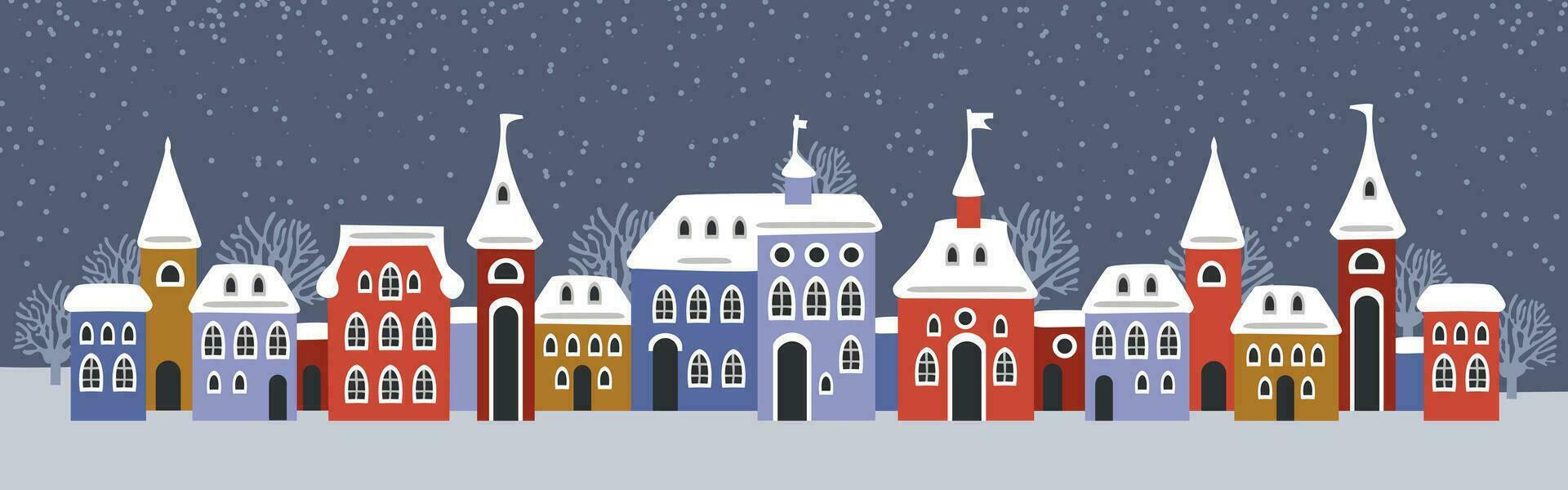 carino Natale e inverno case. nevoso notte nel accogliente Natale cittadina città panorama. vettore