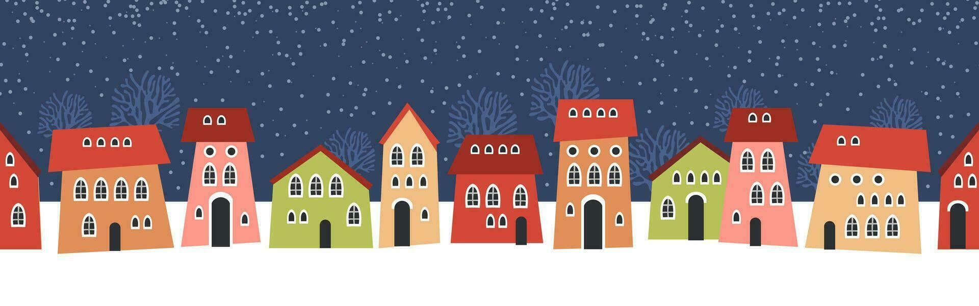 carino Natale e inverno case. nevoso notte nel accogliente Natale cittadina città panorama. vettore