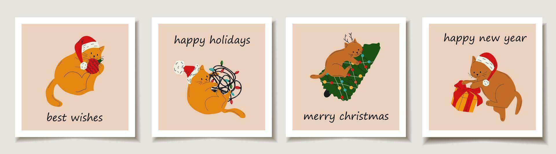 Natale vettore regalo carta o etichetta impostato con carino gatti con Natale decorazione. carino le signore. allegro Natale scritte, migliore auguri
