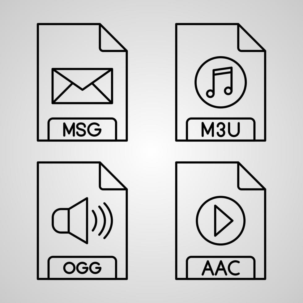 le icone della linea del formato file impostate isolate sul formato file dei simboli del contorno bianco vettore