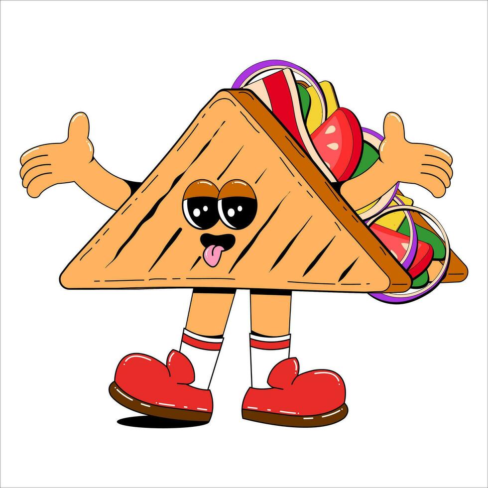 Sandwich personaggio nel retrò cartone animato stile. vettore illustrazione di un' carino veloce cibo portafortuna con braccia e gambe. isolato illustrazione su bianca sfondo.