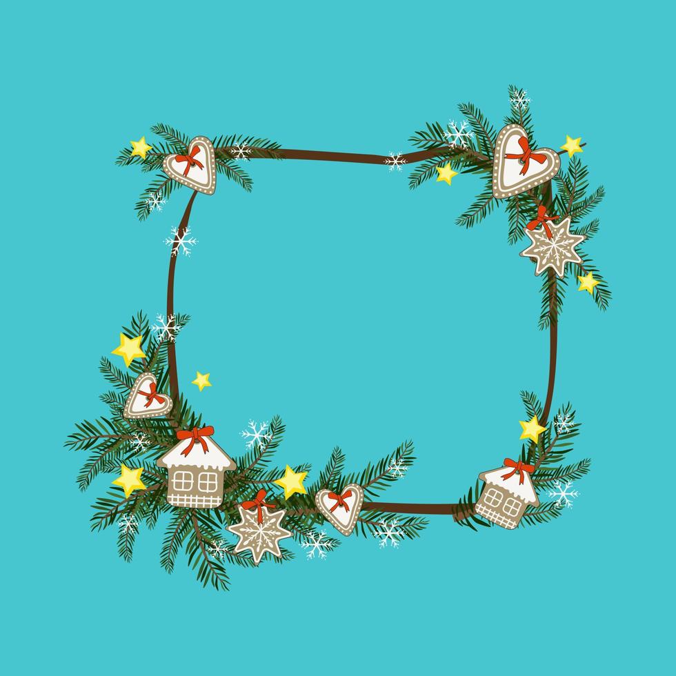 cornice di Natale quadrata da rami di abete con pan di zenzero, stella e fiocco di neve. decorazione festiva per il nuovo anno e le vacanze invernali vettore
