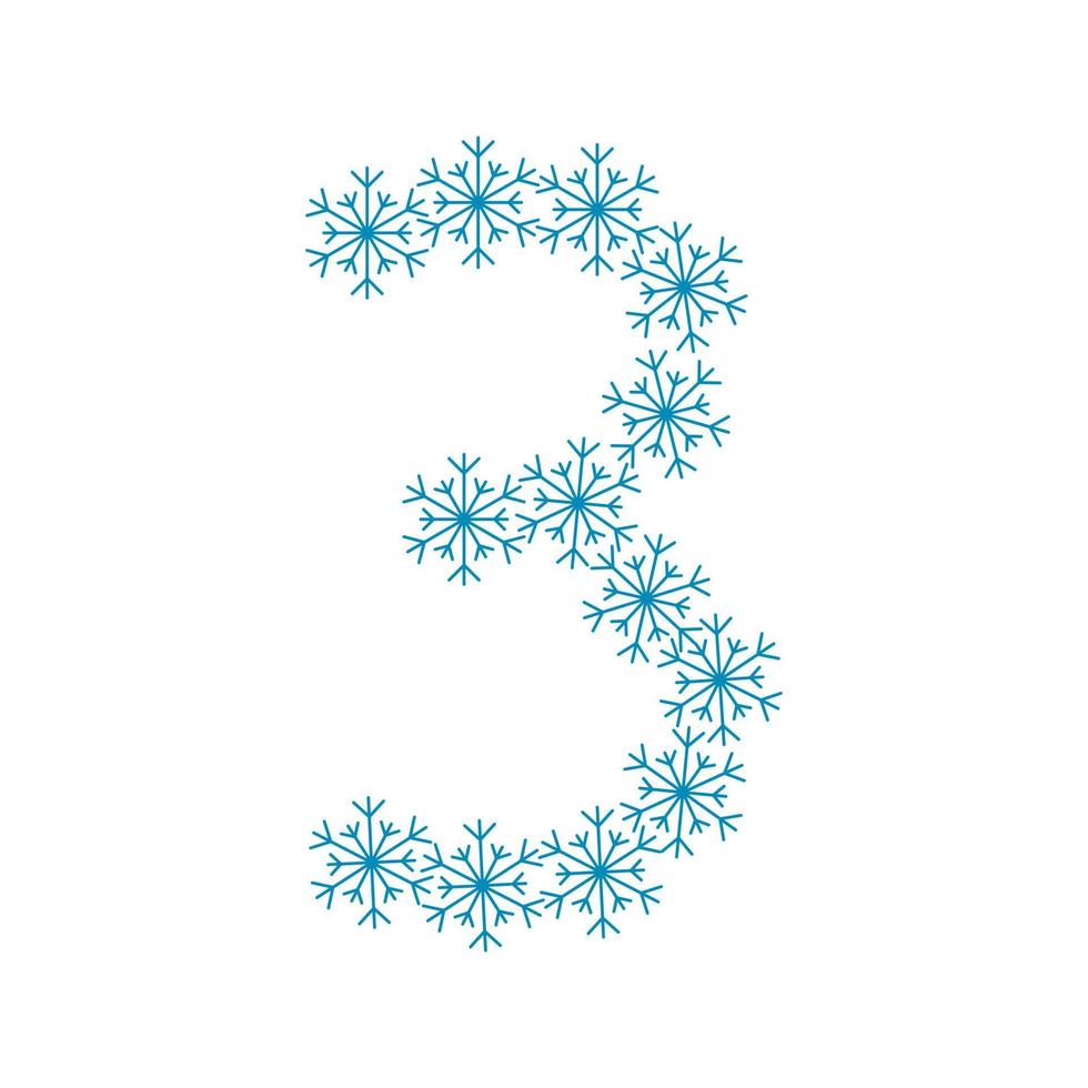 numero tre di fiocchi di neve. carattere festivo o decorazione per capodanno e natale vettore