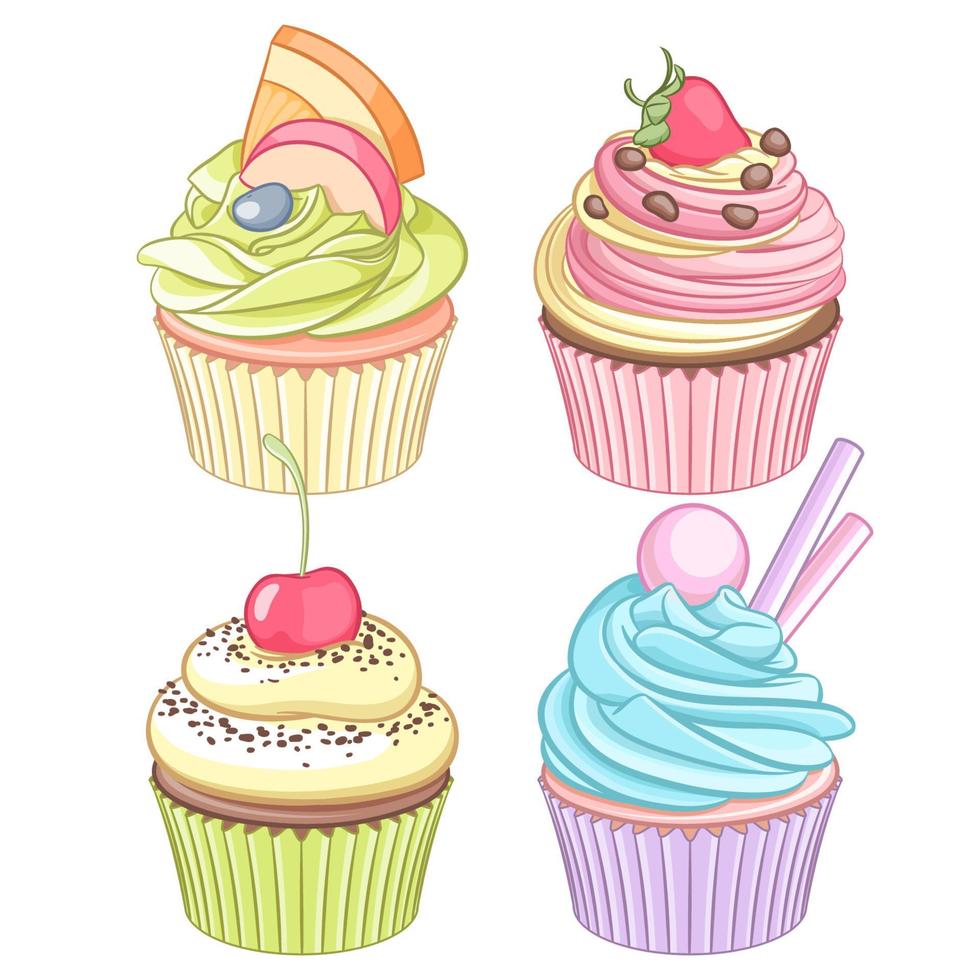 set vettoriale di cupcakes colorati su sfondo bianco