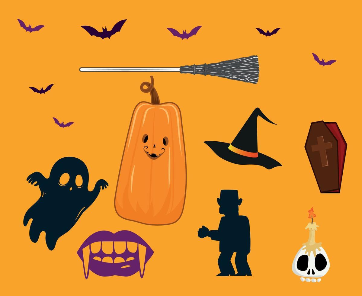 oggetti astratti felice halloween zucca caramelle e fantasma pipistrello vacanza vettore