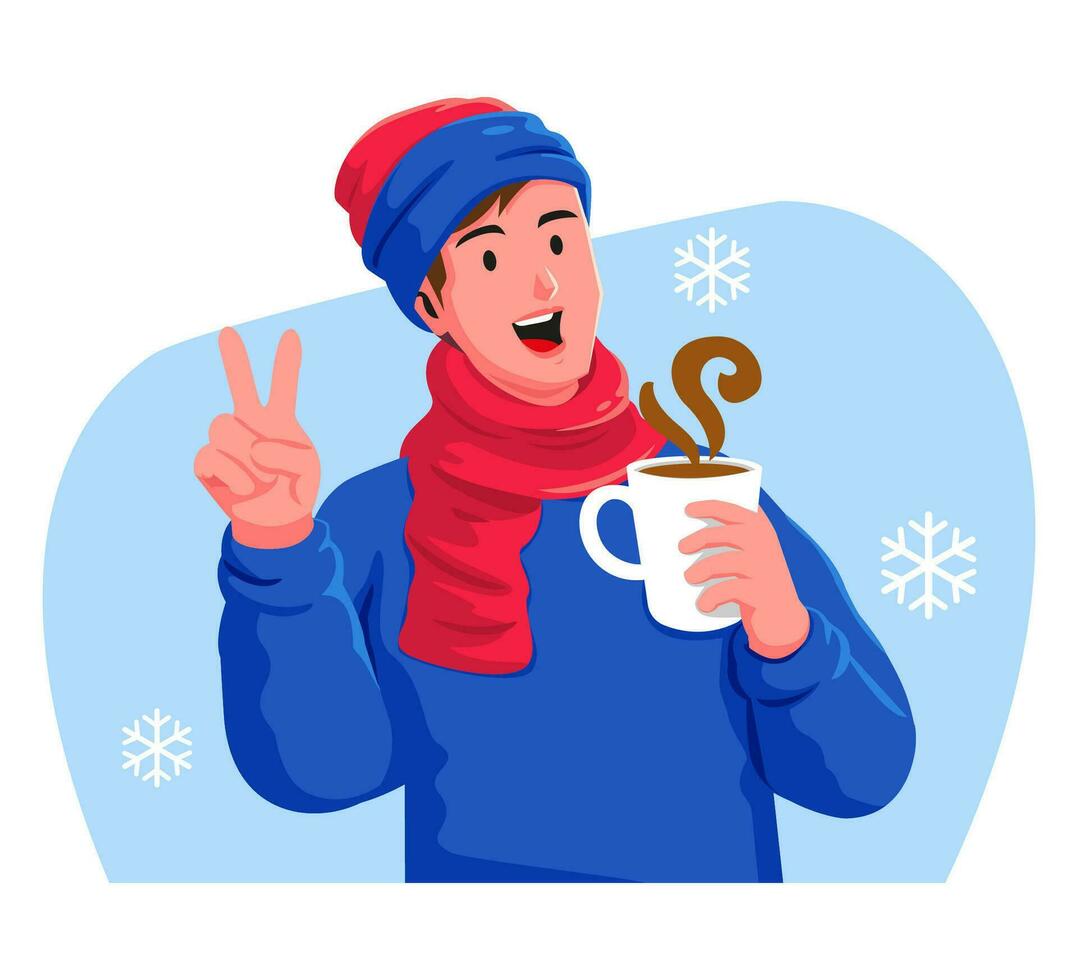 contento uomo con un' tazza di caldo bevanda nel il inverno vettore