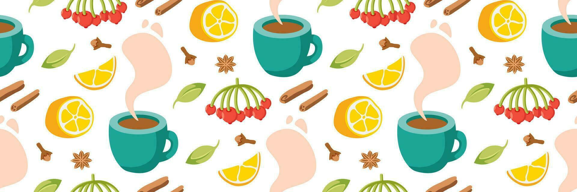 modello con caldo bevanda limoni e spezie. ricettario adesivi, carino casa menù. accogliente mano disegnato tè sfondo. vettore piatto illustrazione.