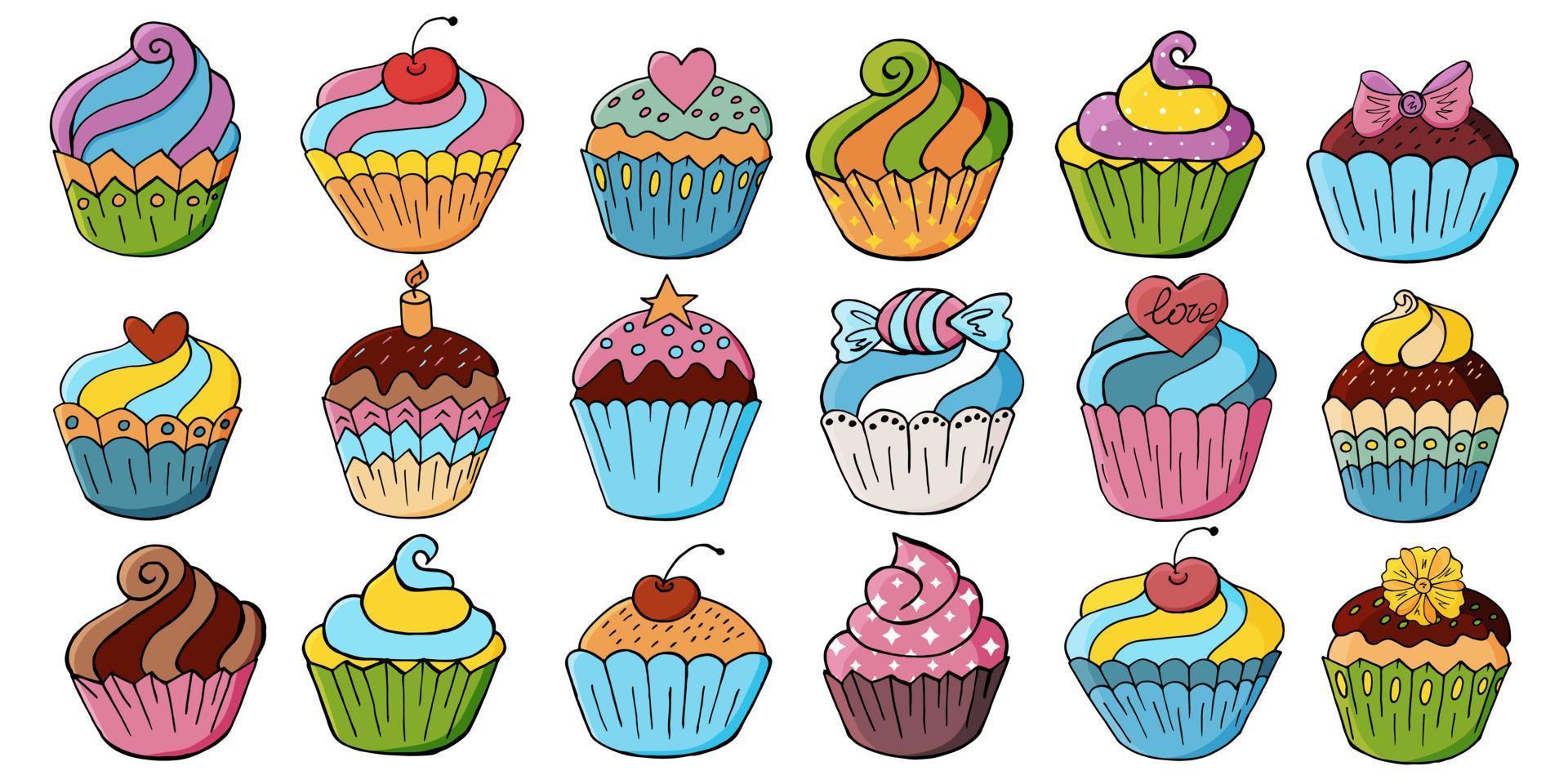 set di icone di cupcakes, muffin in mano disegnare stile. raccolta di illustrazioni vettoriali per il tuo design. pasticcini dolci, muffin