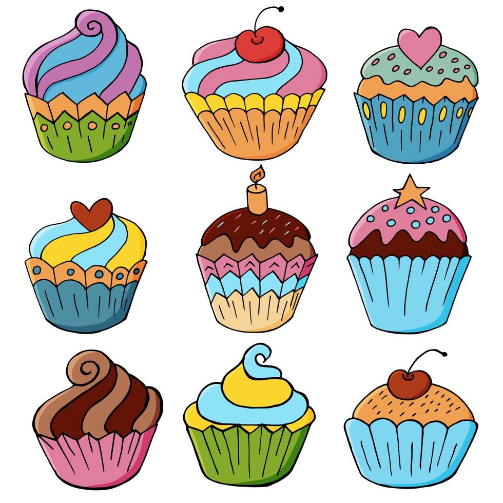 set di icone di cupcakes, muffin in mano disegnare stile. raccolta di illustrazioni vettoriali per il tuo design. pasticcini dolci, muffin