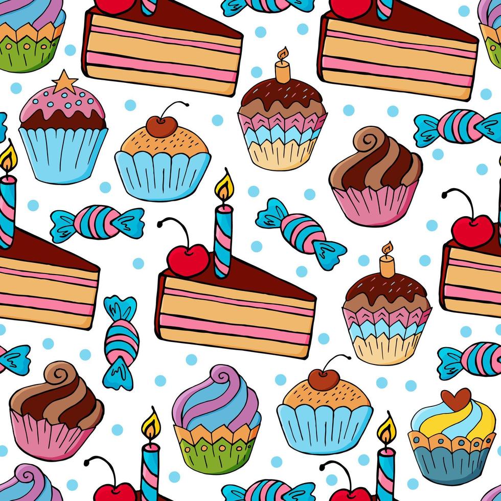 illustrazione vettoriale. modello senza soluzione di continuità con pasticcini dolci. muffin carini, cupcakes. sfondo a pois. trama per tessuto vettore