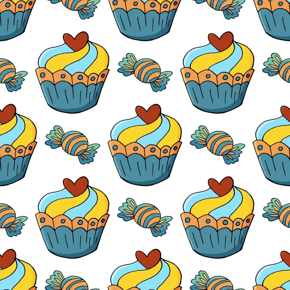 illustrazione vettoriale. modello senza soluzione di continuità con pasticcini dolci. muffin carini, cupcakes. sfondo a pois. trama per tessuto vettore
