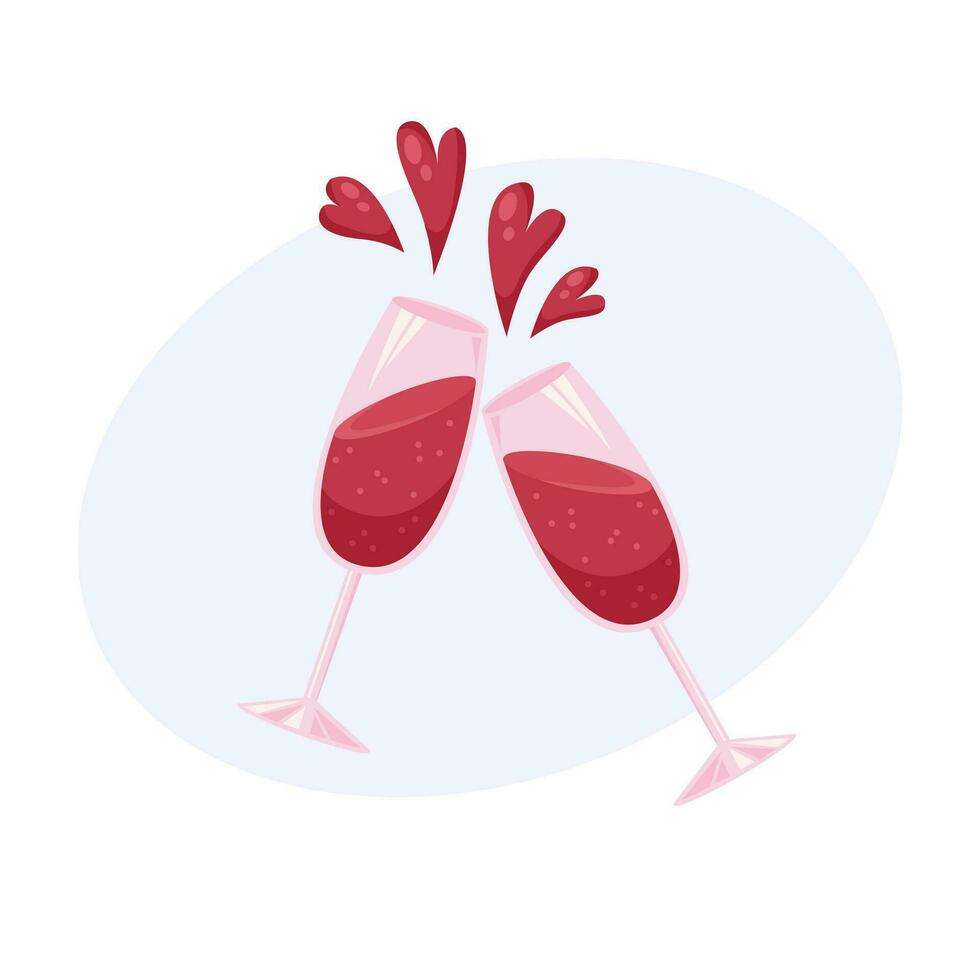 bicchieri di vino con rosso vino. Saluti. cuori. vettore illustrazione